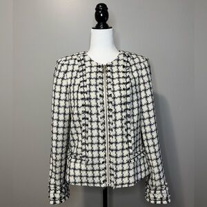 Karl Lagerfeld Plaid Tweed Fringe Crop Full Zip Blazer
